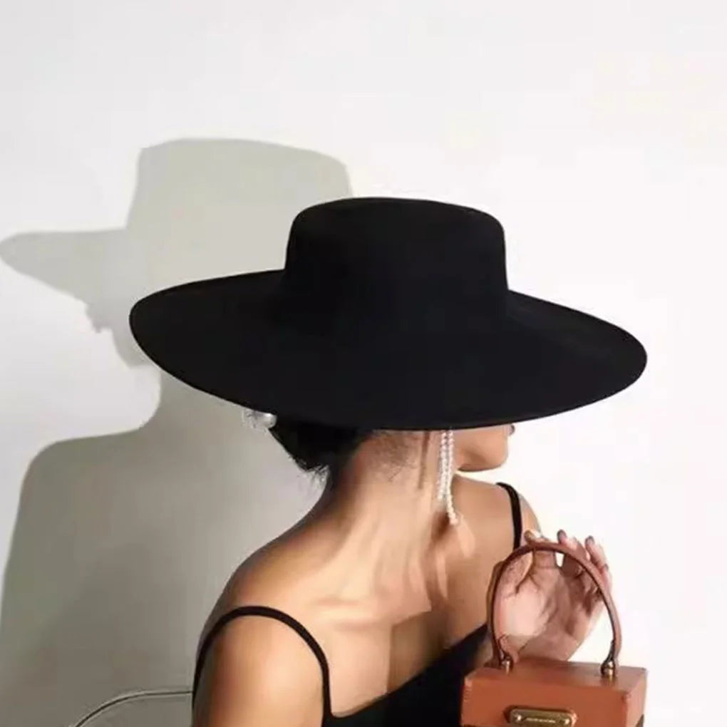 French Women's Hat Big Wide Brim 10CM Fedora Hat Winter Wool Derby Wedding Jazz Hats Flat Top Felt Hat