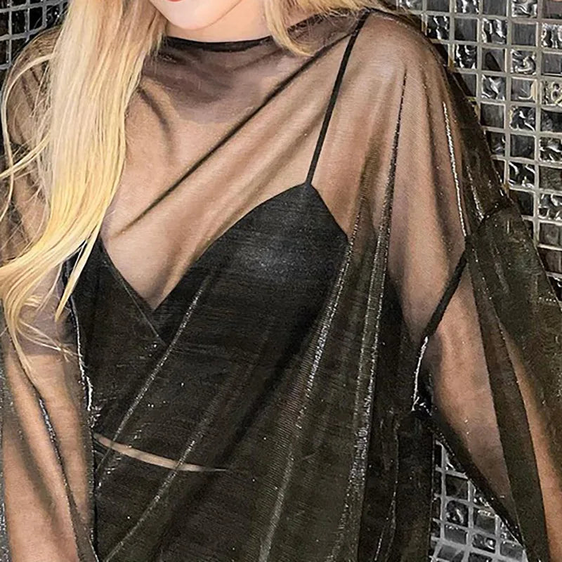 Solid See Through Tshirt Women Sexy Tops O-Neck Long Sleeve Oversized T Shirt For Women Clothing Club Y2k Aesthetic Egirl Tees