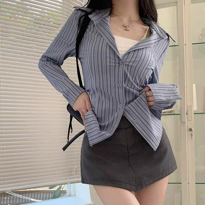 2025 Korean Blue Striped Long Sleeve Shirt Jacket Women's Spring Design Waist Cinching Slimming Top Women Clothing 한국인 후기 많은 옷