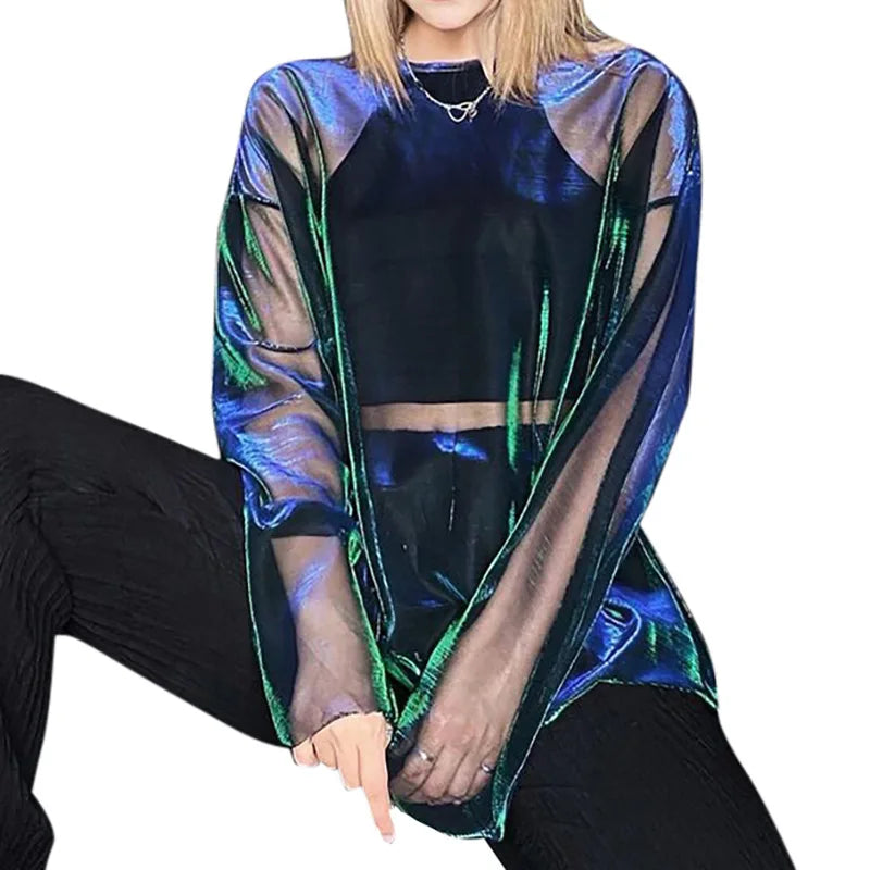 Solid See Through Tshirt Women Sexy Tops O-Neck Long Sleeve Oversized T Shirt For Women Clothing Club Y2k Aesthetic Egirl Tees