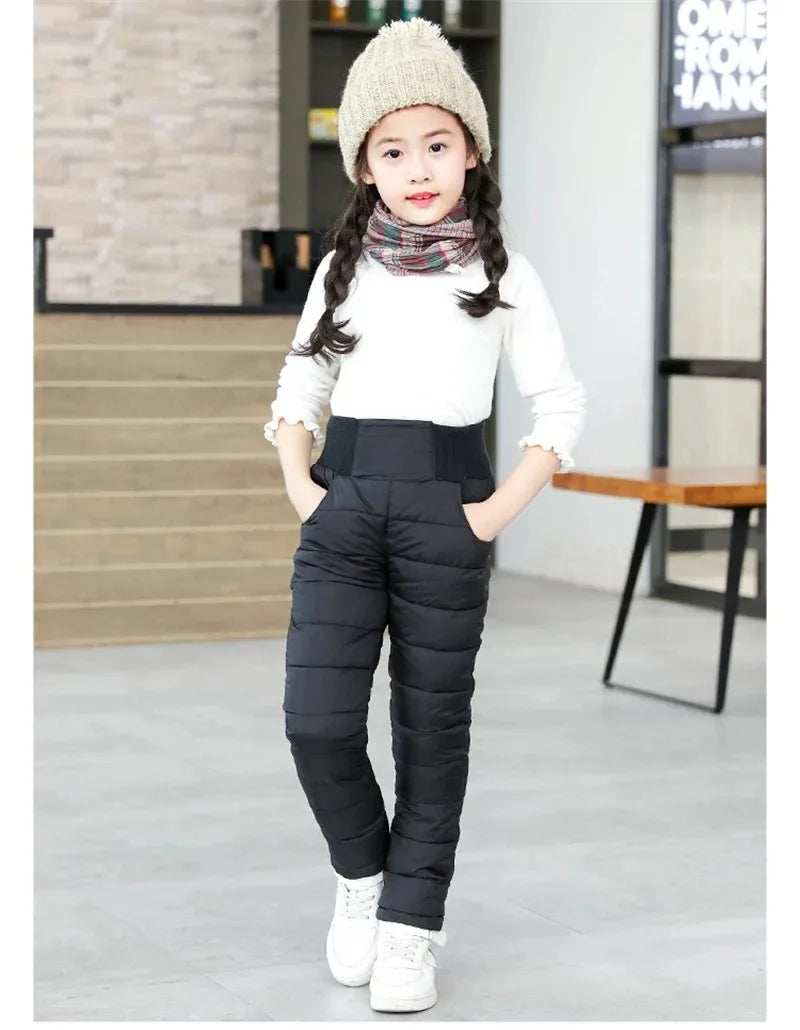 2-12Y Casual Kids Boys Girls Winter Pants Solid Children High Waist Cotton-Padded Warm Trousers Teens Waterproof Ski Thick Pants