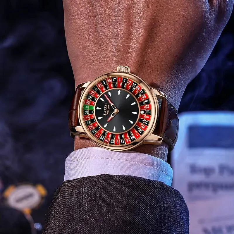 LIGE Russian Roulette Dial Man Watch Creative Dial Wheel Man Wristwatches Business Leather Luminous Rotatable Lucky Ball Watch