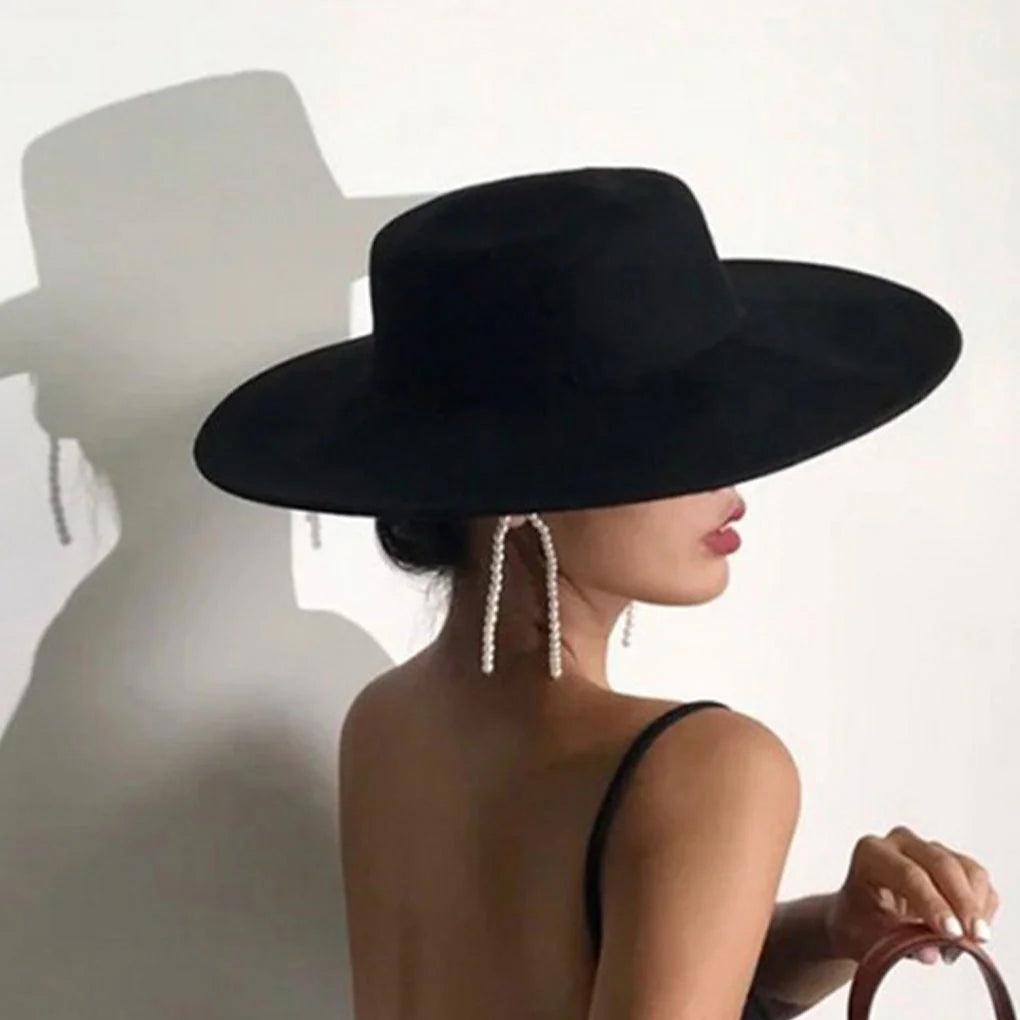 French Women's Hat Big Wide Brim 10CM Fedora Hat Winter Wool Derby Wedding Jazz Hats Flat Top Felt Hat