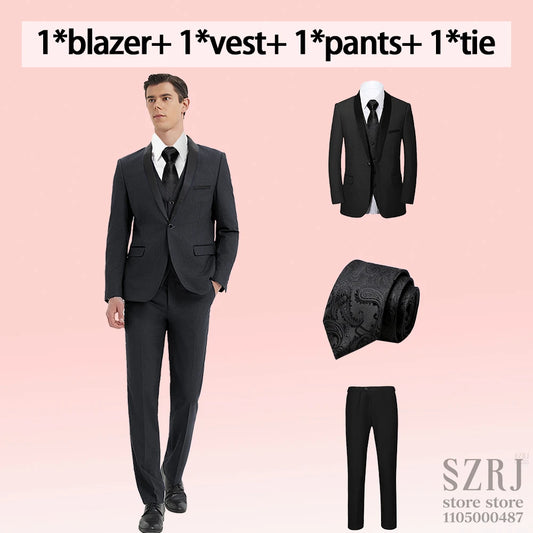 4pcs Men's Suit: Blazer, Vest, Pants, Black Tie.  One Button, Plain Color Tuxedo. Regular Fit. For Wedding, Groomsman Attire.