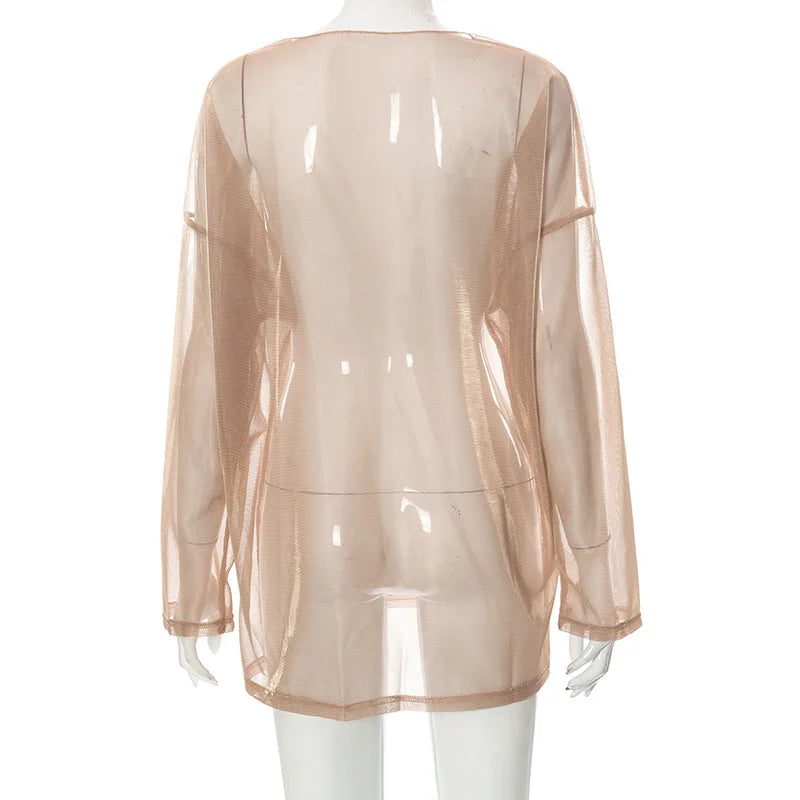 Solid See Through Tshirt Women Sexy Tops O-Neck Long Sleeve Oversized T Shirt For Women Clothing Club Y2k Aesthetic Egirl Tees