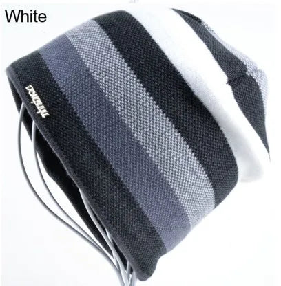 Men's Skullies Hat Bonnet Winter Beanie Knitted Wool Hat Plus Velvet Cap Thicker Stripe Skis Sports Beanies Hats for men