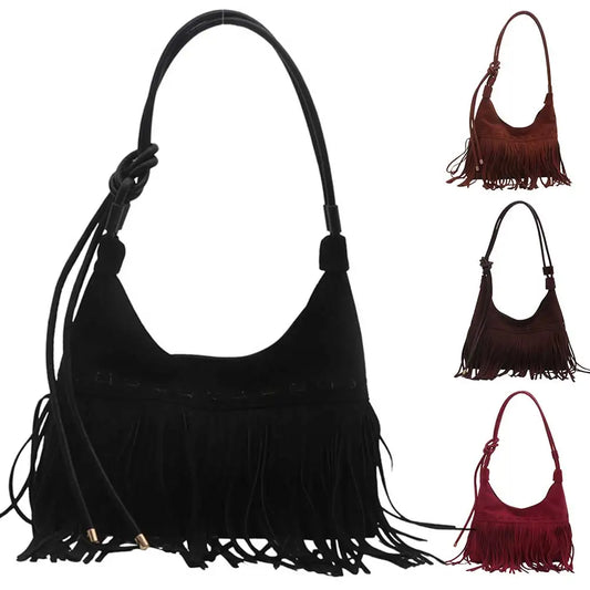 Vintage Fringe Shoulder Bag Fashion Suede Crossbody Bag Trendy Tassel Tote Bag for Women Work Shopping Travel Winter Fall