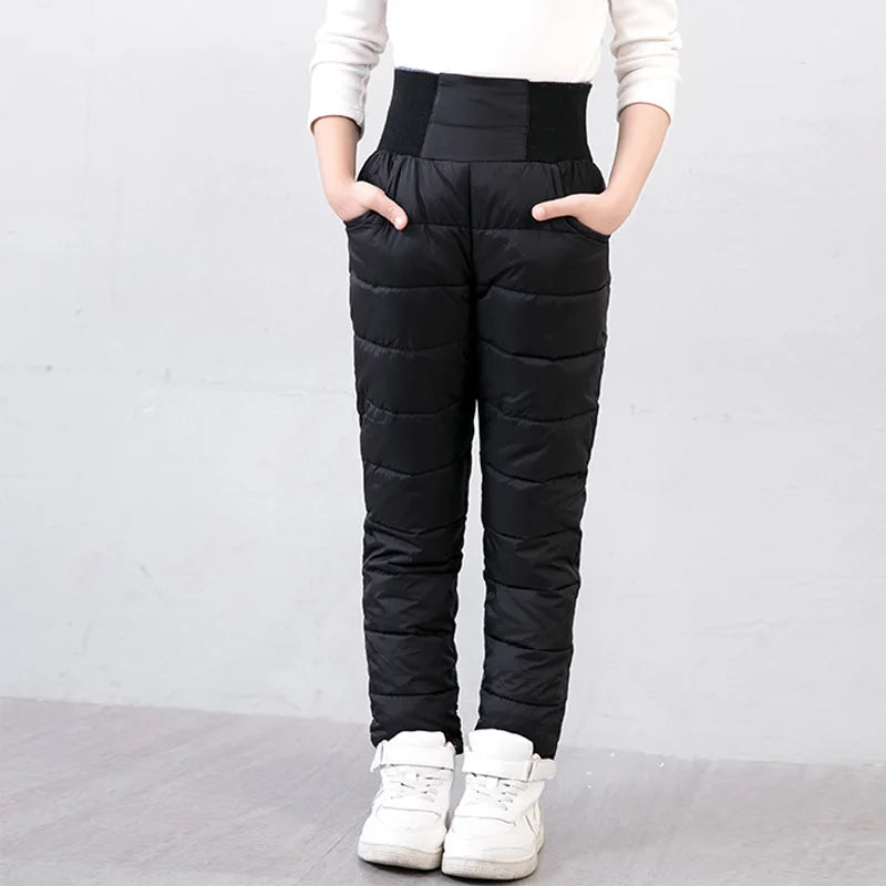 2-12Y Casual Kids Boys Girls Winter Pants Solid Children High Waist Cotton-Padded Warm Trousers Teens Waterproof Ski Thick Pants