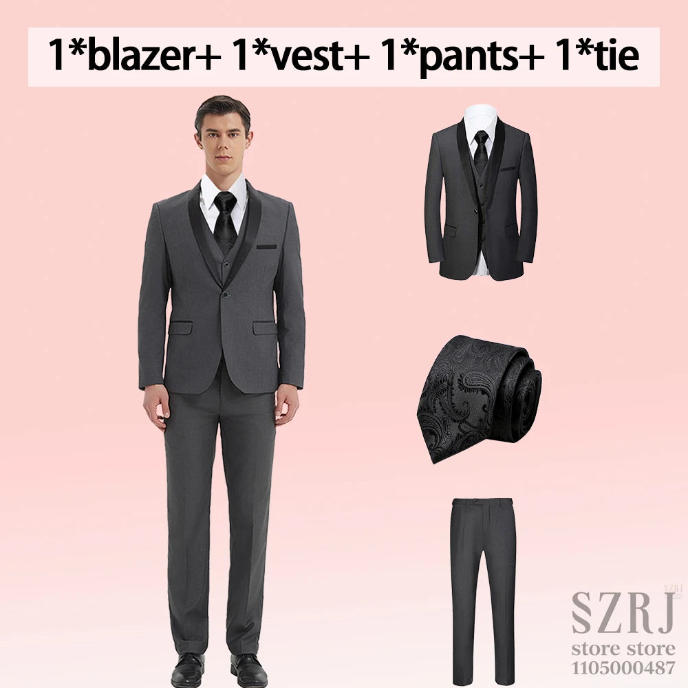 4pcs Men's Suit: Blazer, Vest, Pants, Black Tie.  One Button, Plain Color Tuxedo. Regular Fit. For Wedding, Groomsman Attire.