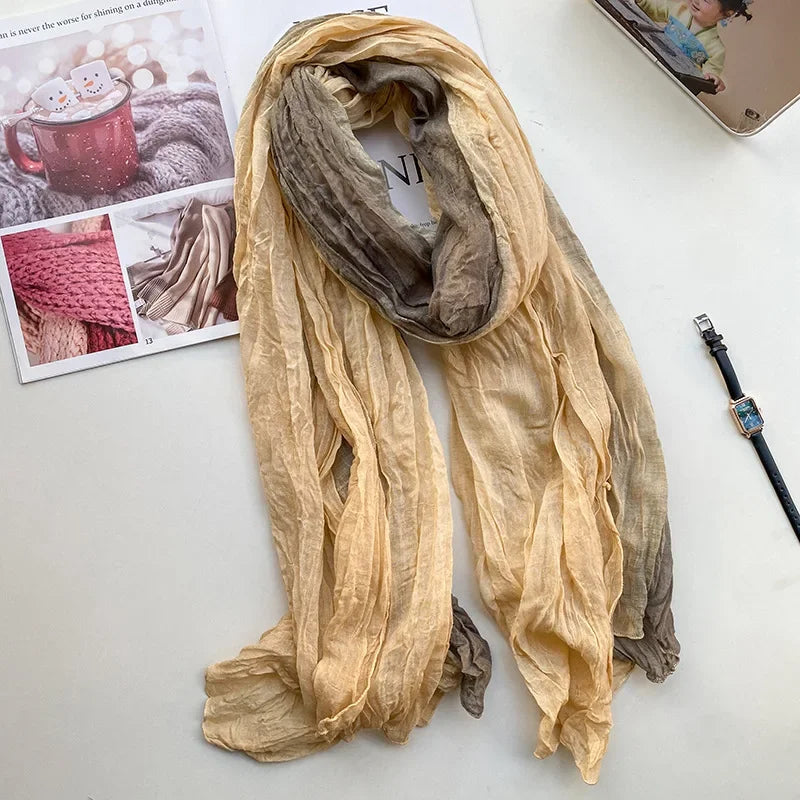 Retro Ethnic Style Cotton and Linen Scarf Women Tie-dye Long Folds Gradual Change Color Shawl Korean Literary Fresh Cotton Silk