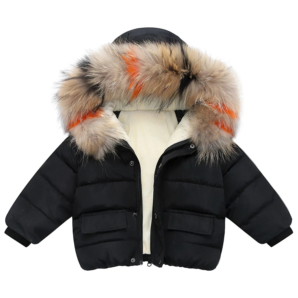 Toddler Baby Down Cotton Jacket,Faux Fur Hood Plush Girls Boys Snowsuit,Thick Fleece Warm Puffer Coat,Winter Children's Outwear