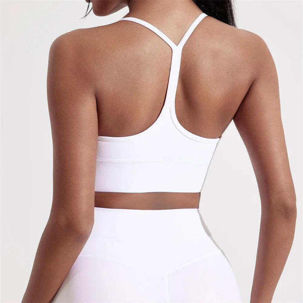 Solid Color Y Shape Line Women Fitness Sport Bra Top Soft Tight Comprehensive Training Jogging Gym Yoga Underwear With Chest Pad