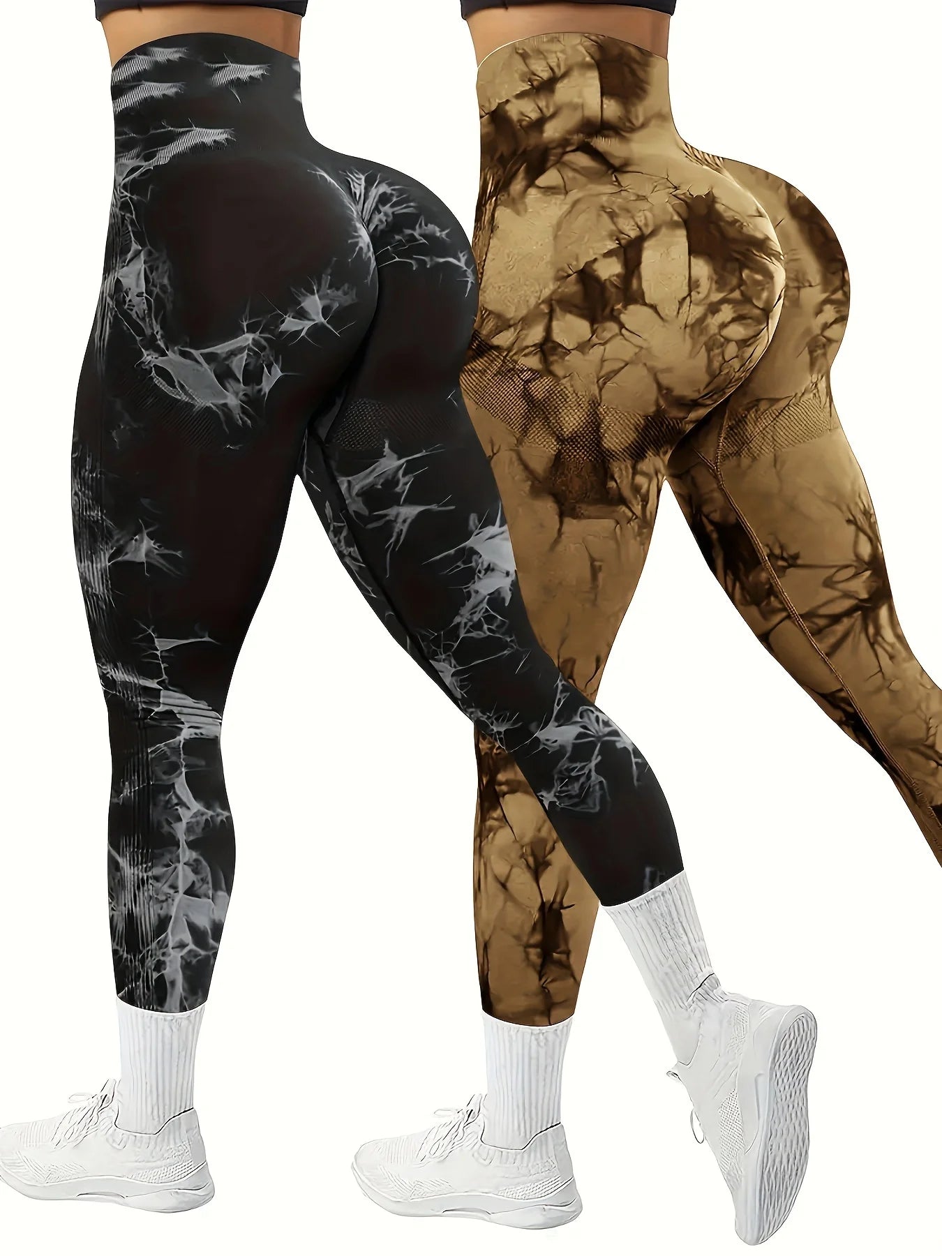 2PCS tie dye seamless women's high waisted yoga pants tight waist and hip lifting elastic wide waist sports leggings