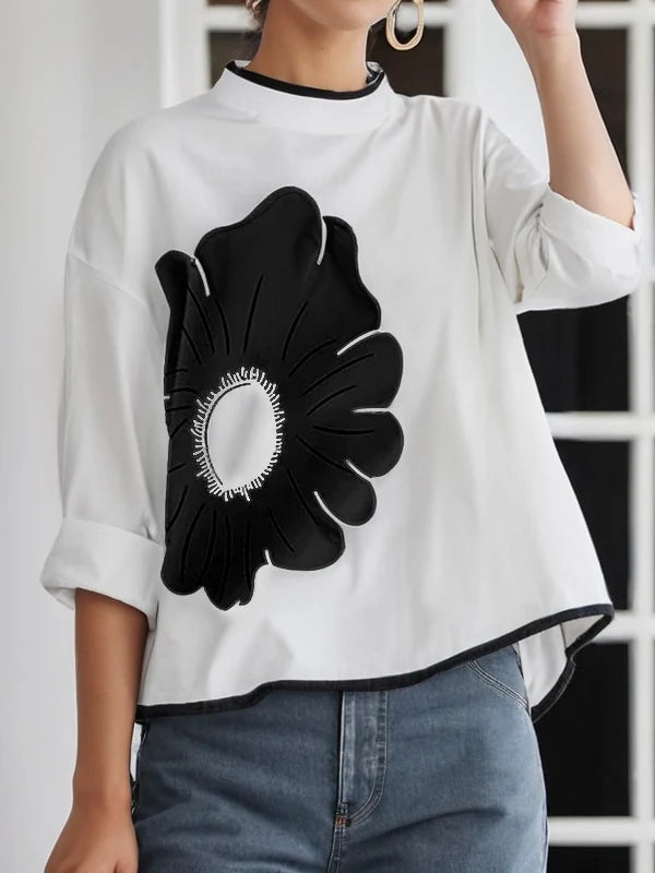 FashionWomen's Flower Printed Clothes T-Shirts 2025 Mock Neck T-Shirts Summer Black Casual Autumn y2k Tops For Women 2XL