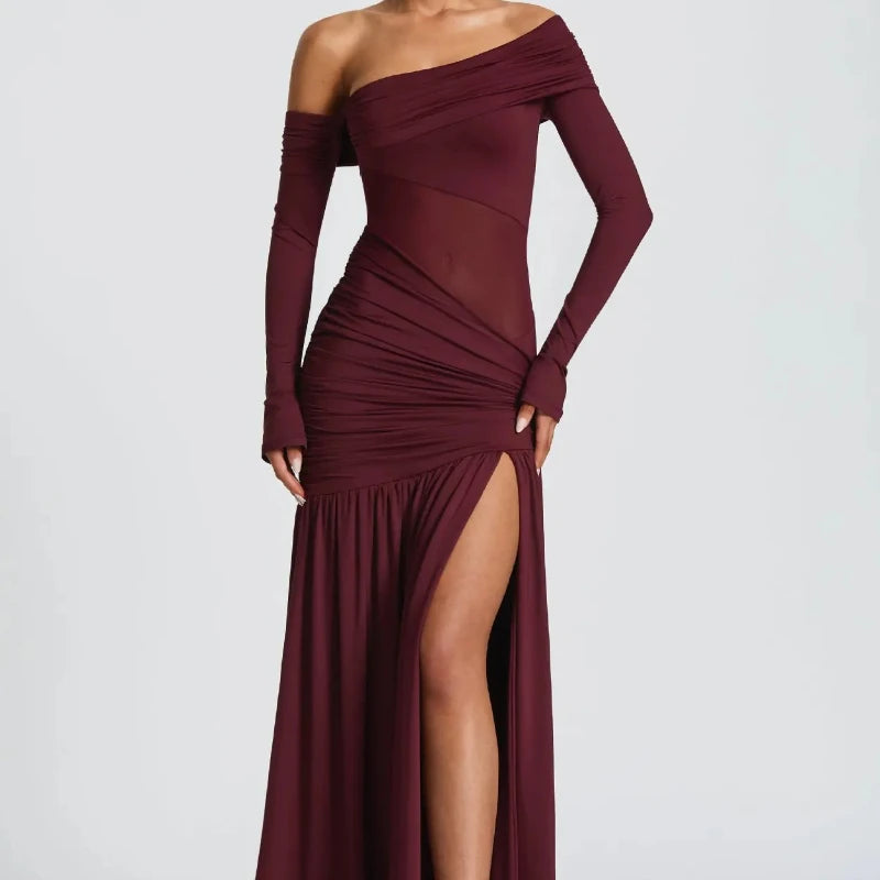 2025 Fall Sexy Fold Women Elegant Micro Transparent Split Long Sleeve Long Dress Strapless Slim Chic Party Banquet Evening Gowns