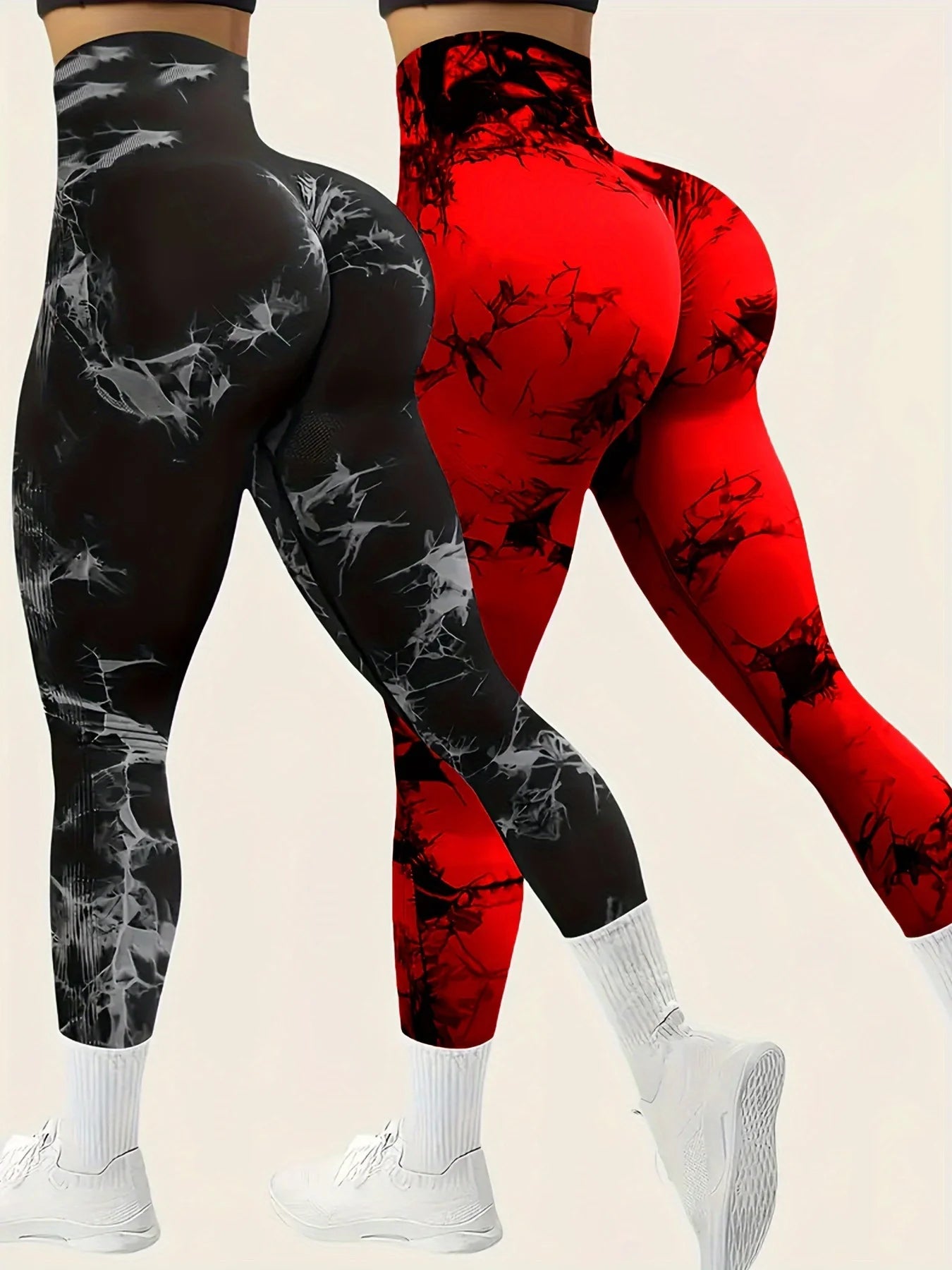 2PCS tie dye seamless women's high waisted yoga pants tight waist and hip lifting elastic wide waist sports leggings