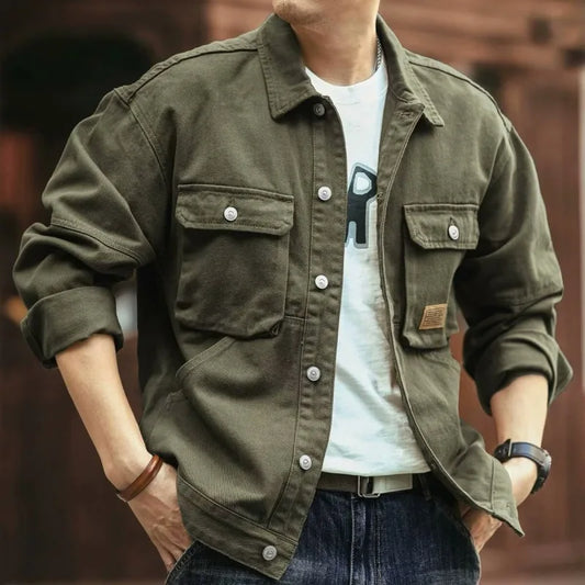 Classic vintage denim jacket for men, autumn and winter heavyweight washed turtleneck jacket, trendy and cool French workwear