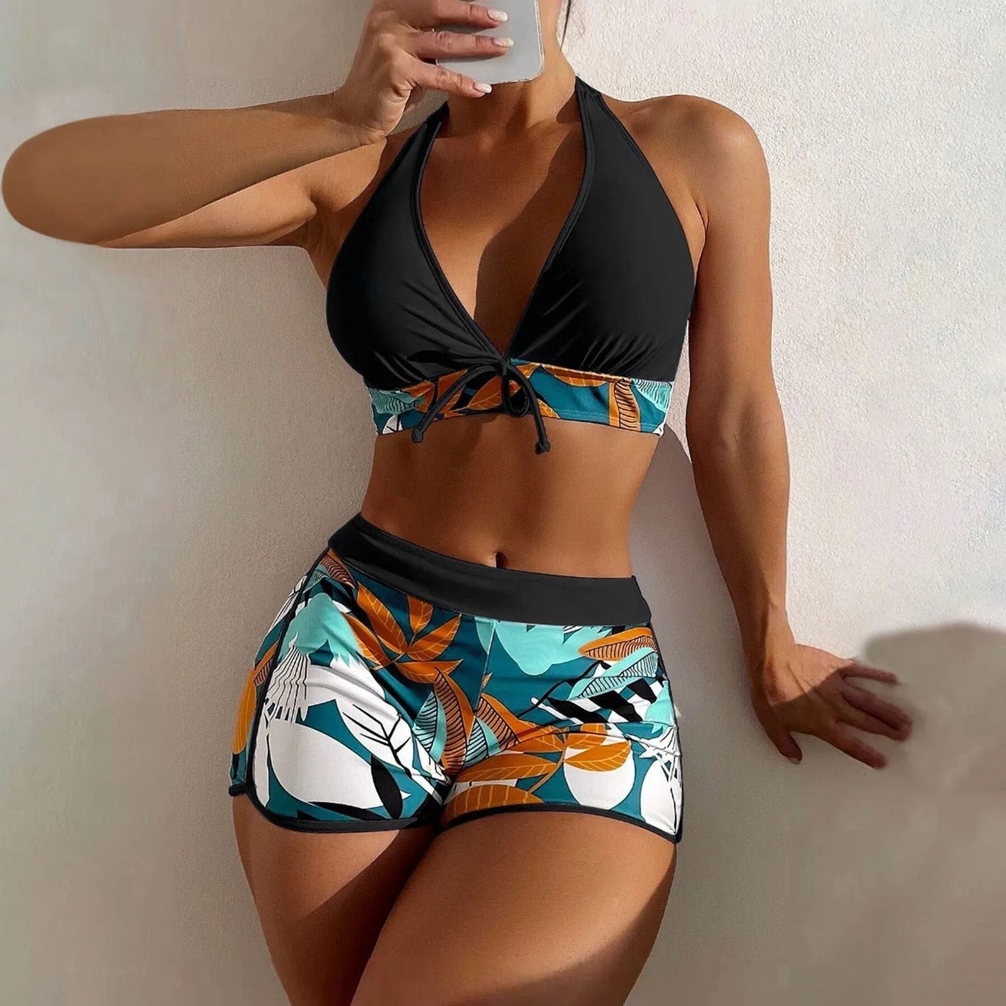 Shorts Bikinis Set  High Waist Swimsuit Women Swimwear 2 Pieces Plant Print Bathers Bathing Swim Suit Beachwear