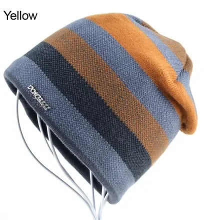 Men's Skullies Hat Bonnet Winter Beanie Knitted Wool Hat Plus Velvet Cap Thicker Stripe Skis Sports Beanies Hats for men