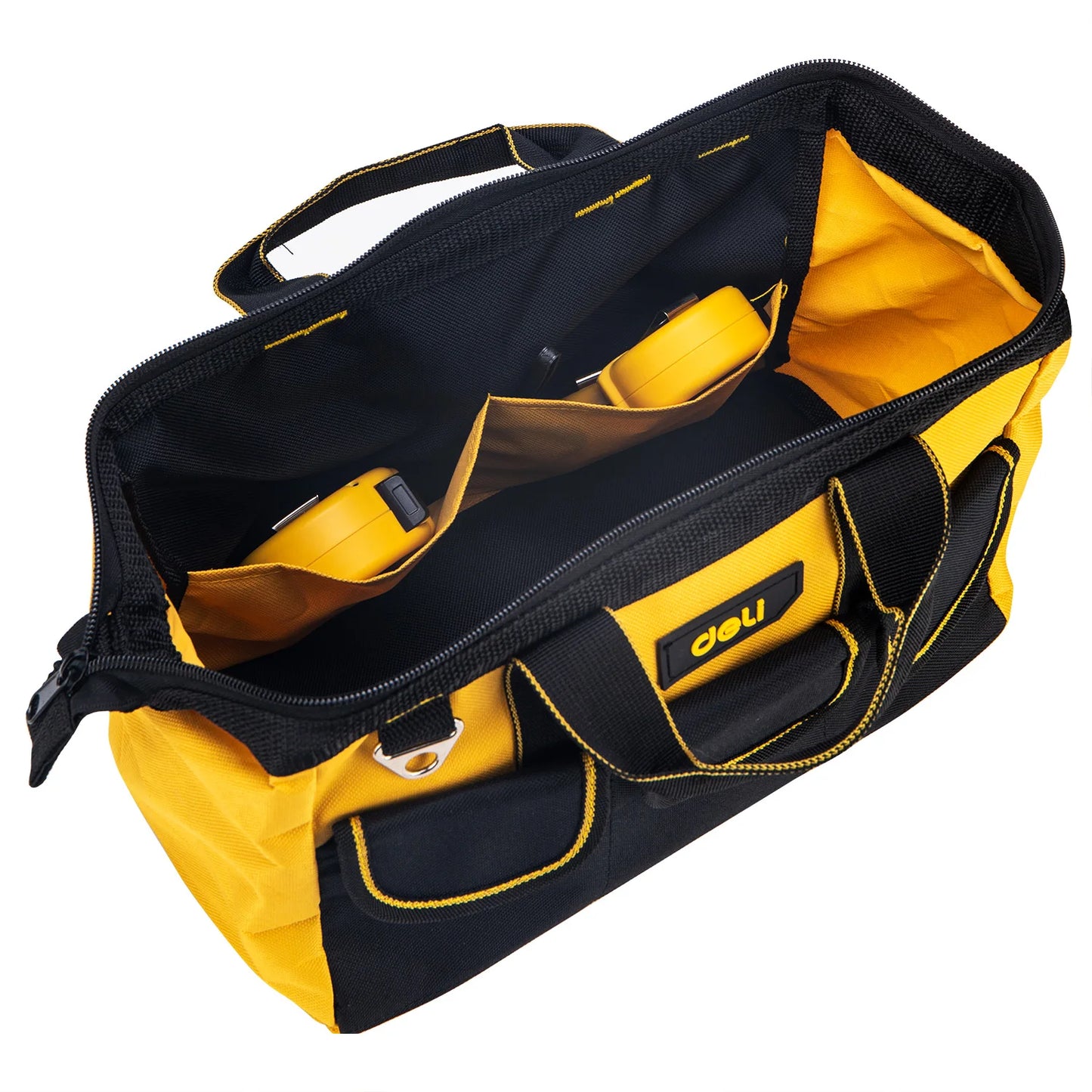 Deli 13in Yellow Tool Bag with Shoulder Strap, Durable Multi-Compartment Design, Portable and Convenient for Carrying Tools