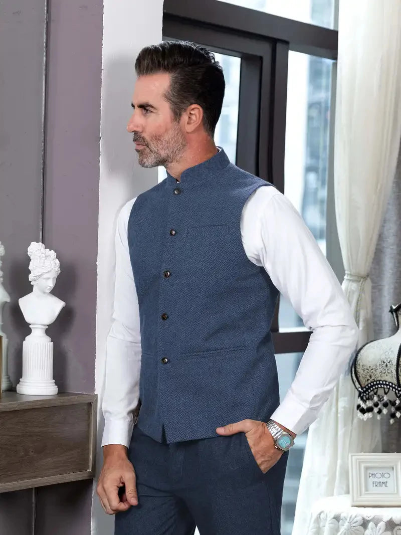 Elegant Slim Fit Tweed Wool Vests Suits Men's Suit Business Tweed High Collar Waistcoats Slim Fit Herringbone Vests