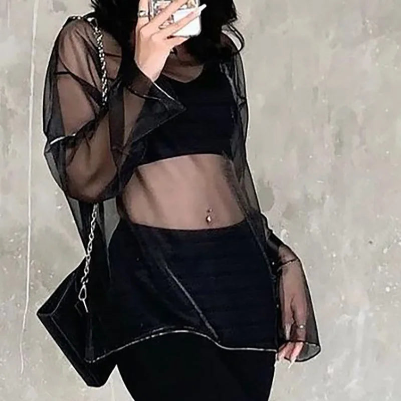 Solid See Through Tshirt Women Sexy Tops O-Neck Long Sleeve Oversized T Shirt For Women Clothing Club Y2k Aesthetic Egirl Tees