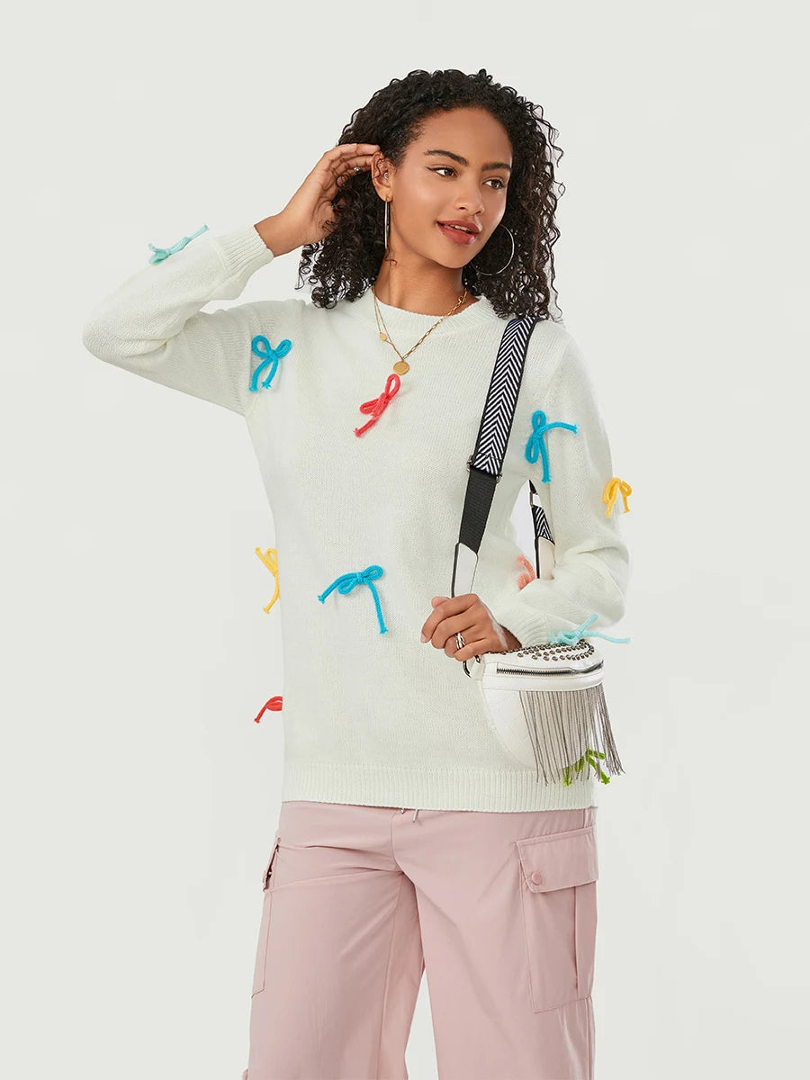 Women Cute Sweaters Casual Colorful Bow Warm Long Sleeve Pullover Basic Knitwear for Fall Streetwear