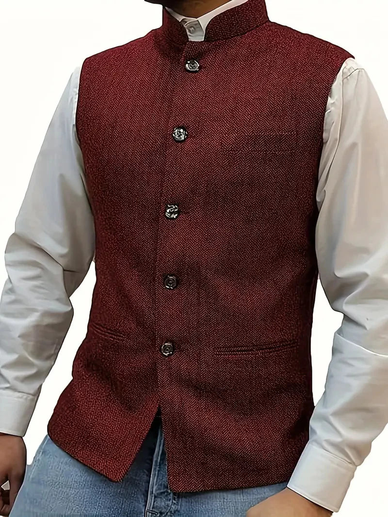 Elegant Slim Fit Tweed Wool Vests Suits Men's Suit Business Tweed High Collar Waistcoats Slim Fit Herringbone Vests