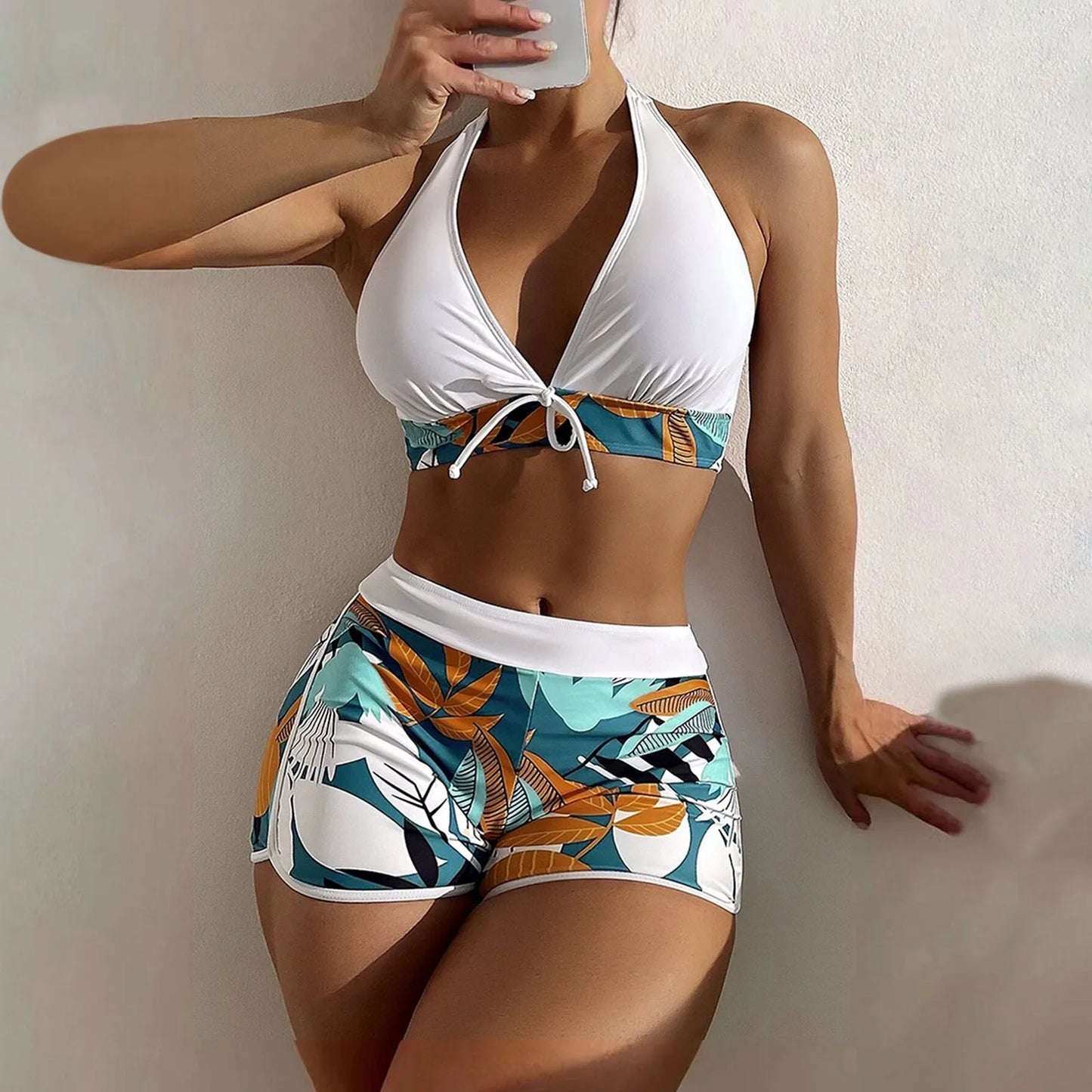 Shorts Bikinis Set  High Waist Swimsuit Women Swimwear 2 Pieces Plant Print Bathers Bathing Swim Suit Beachwear