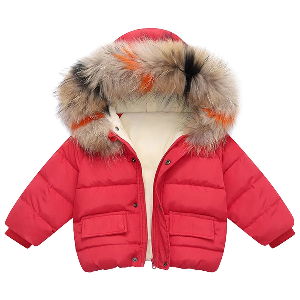 Toddler Baby Down Cotton Jacket,Faux Fur Hood Plush Girls Boys Snowsuit,Thick Fleece Warm Puffer Coat,Winter Children's Outwear