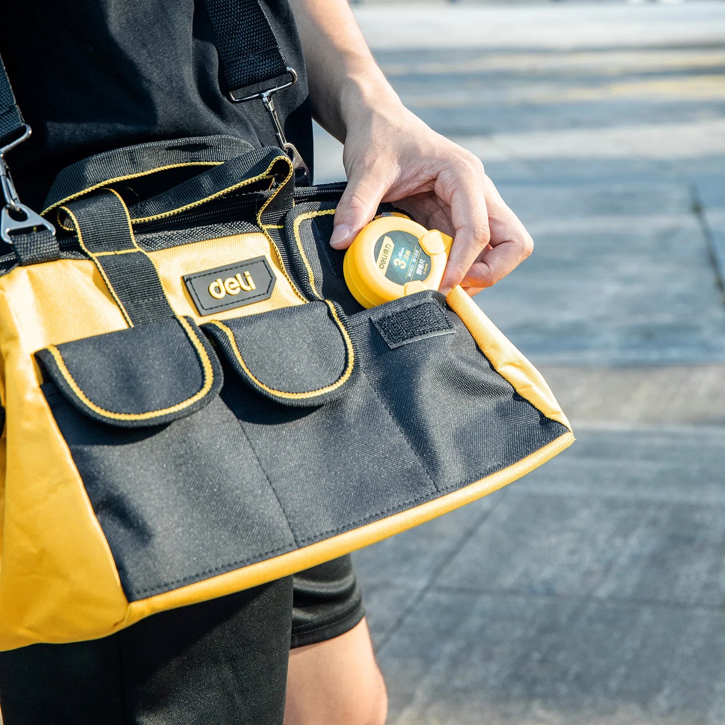 Deli 13in Yellow Tool Bag with Shoulder Strap, Durable Multi-Compartment Design, Portable and Convenient for Carrying Tools