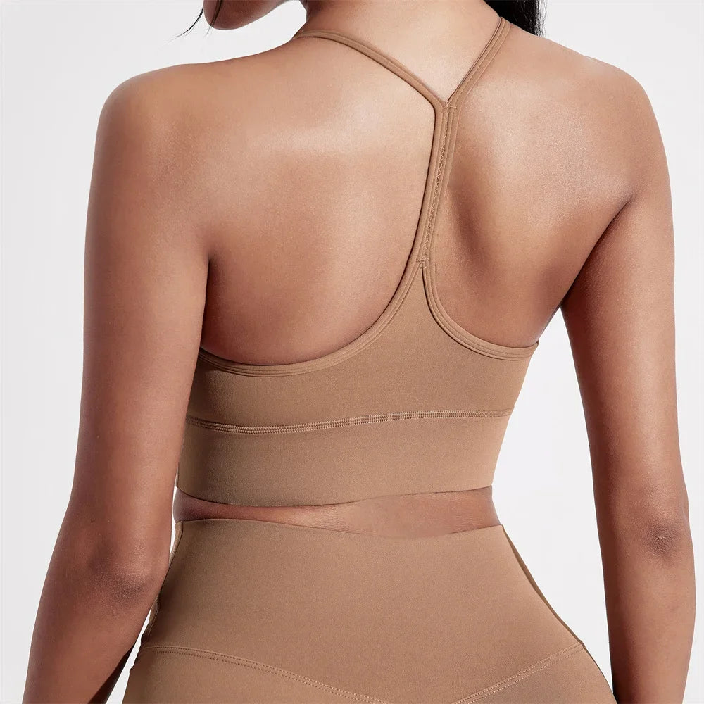 Solid Color Y Shape Line Women Fitness Sport Bra Top Soft Tight Comprehensive Training Jogging Gym Yoga Underwear With Chest Pad
