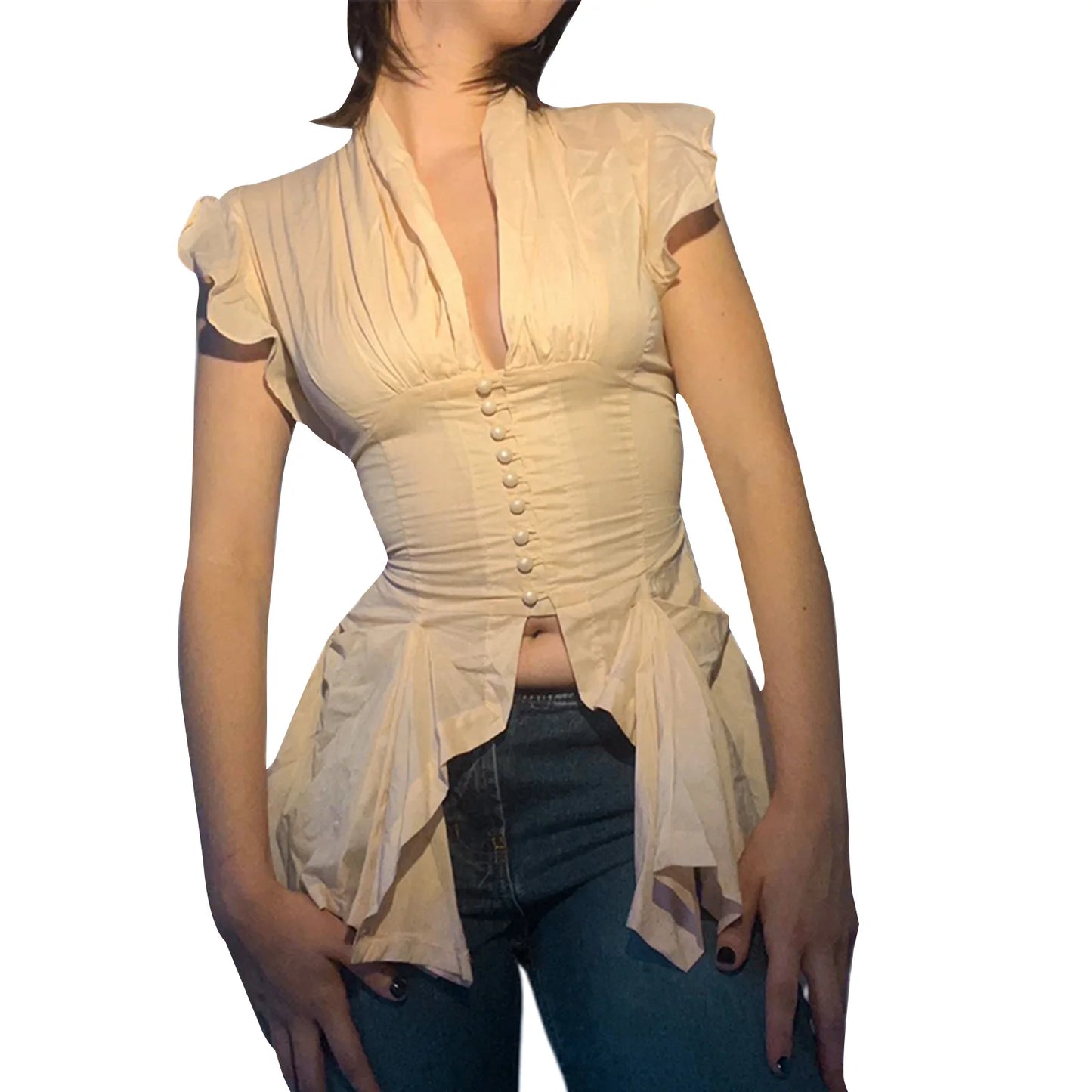 Elegant Sleeveless Ruffle Blouse with Button Down Detail and Split Hem - Women s  Fit Top for Spring and Summer