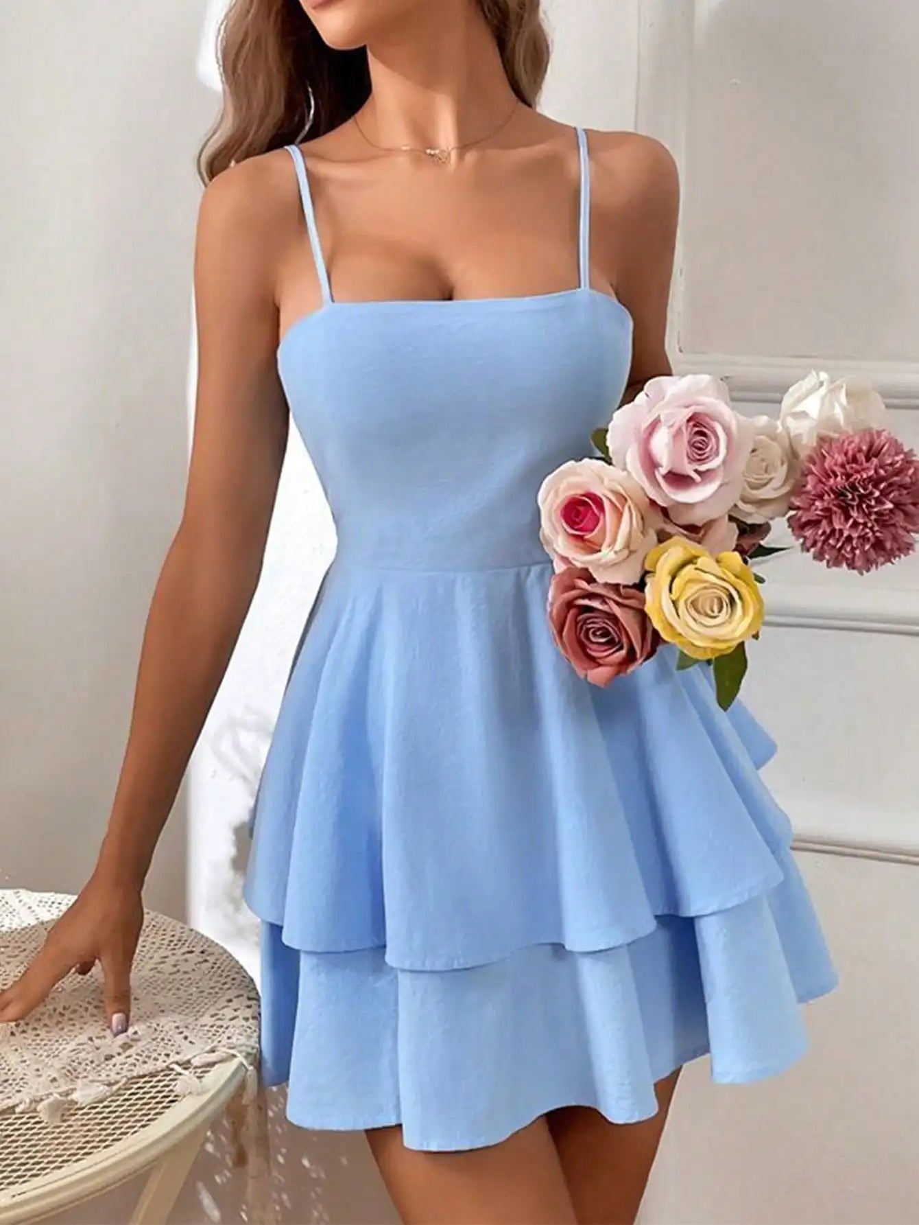 The 2025 Summer Women's Light Blue Italian Thin Strap Layered Mini Dress Is A Sexy and Cute Short Party Dress