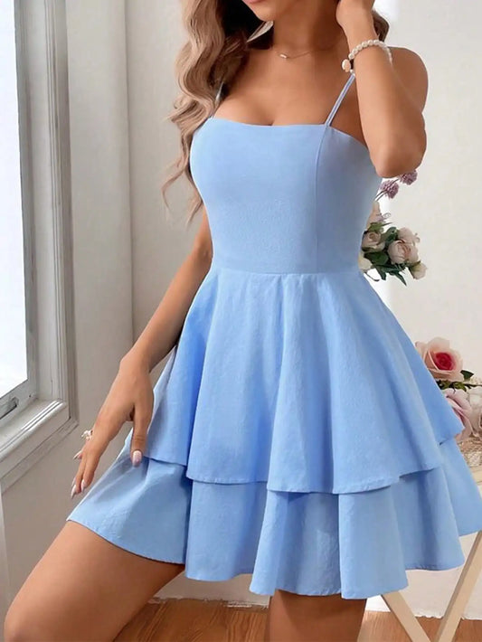 The 2025 Summer Women's Light Blue Italian Thin Strap Layered Mini Dress Is A Sexy and Cute Short Party Dress
