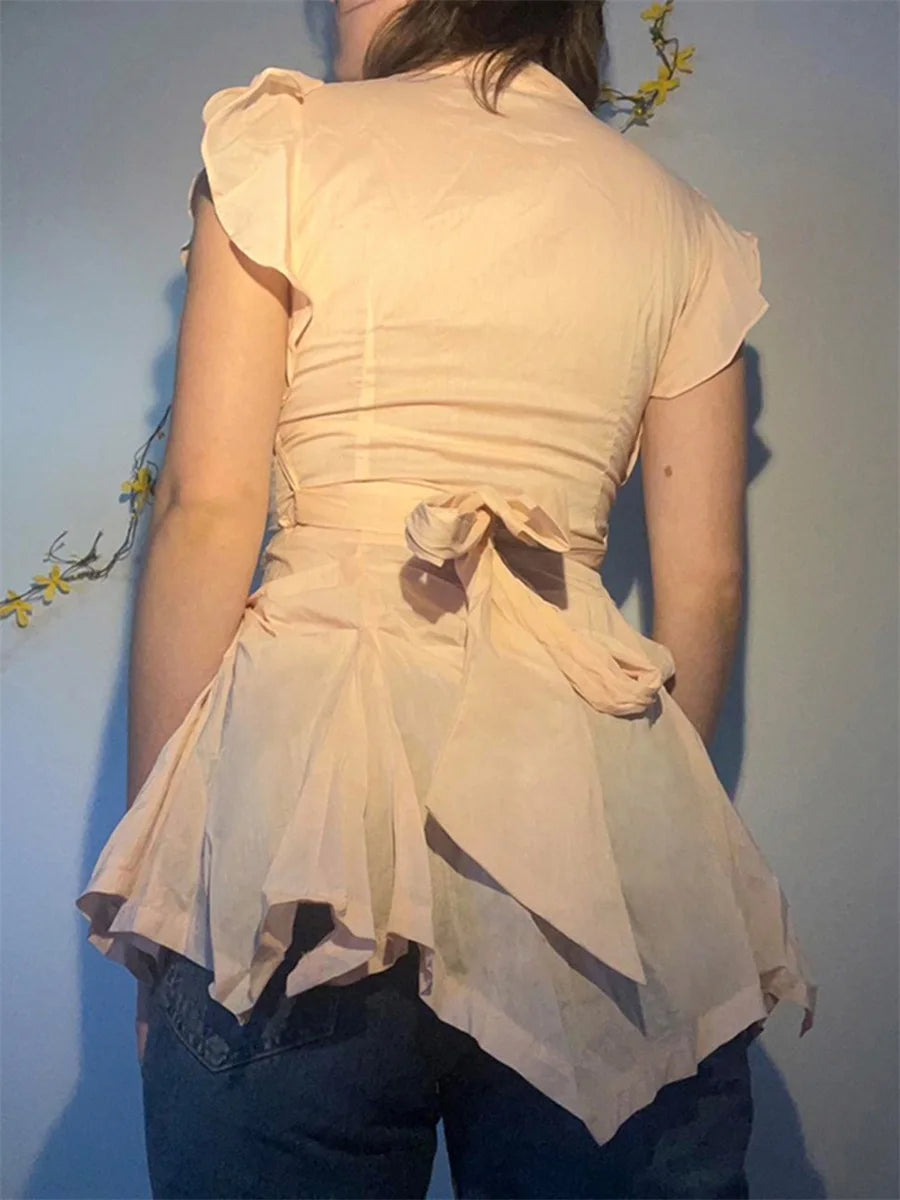 Elegant Sleeveless Ruffle Blouse with Button Down Detail and Split Hem - Women s  Fit Top for Spring and Summer