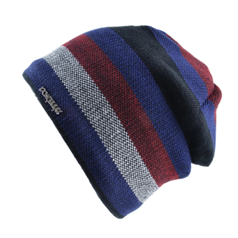 Men's Skullies Hat Bonnet Winter Beanie Knitted Wool Hat Plus Velvet Cap Thicker Stripe Skis Sports Beanies Hats for men