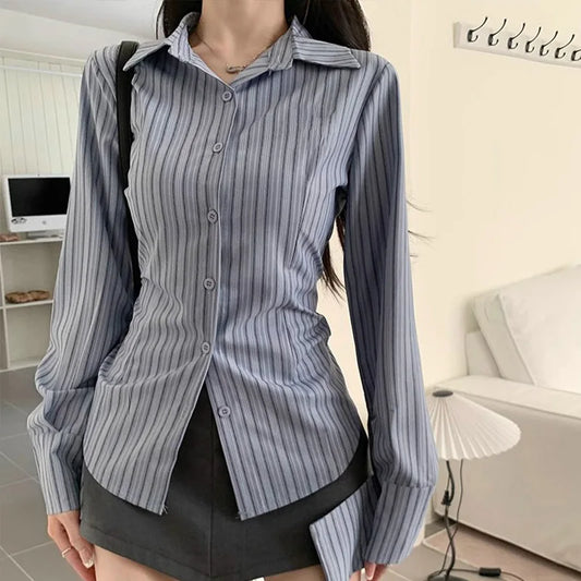 2025 Korean Blue Striped Long Sleeve Shirt Jacket Women's Spring Design Waist Cinching Slimming Top Women Clothing 한국인 후기 많은 옷