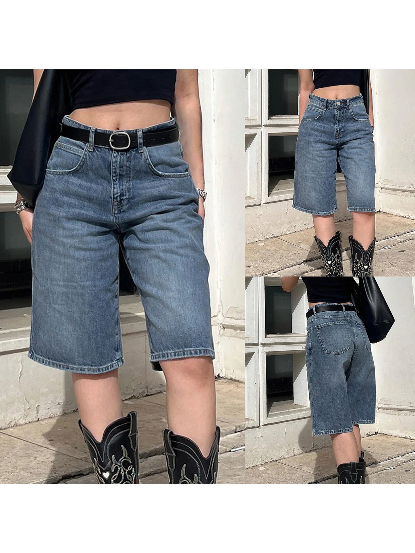 Women s High Waisted Denim Bermuda Shorts in Light Blue Wash with Frayed Hem and Distressed Details for a Stylish Summer Look