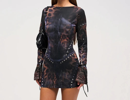 2025 Autumn And Winter New Women'S Fashion Leopard Print Slim Flared Long-Sleeved Package Hip Short Skirt Dresses Y2K