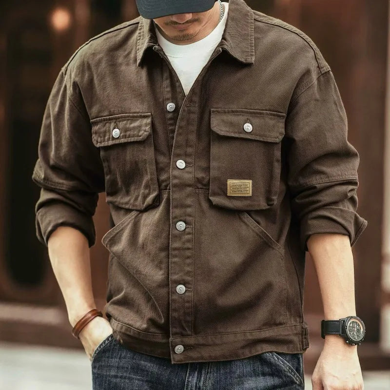 Classic vintage denim jacket for men, autumn and winter heavyweight washed turtleneck jacket, trendy and cool French workwear