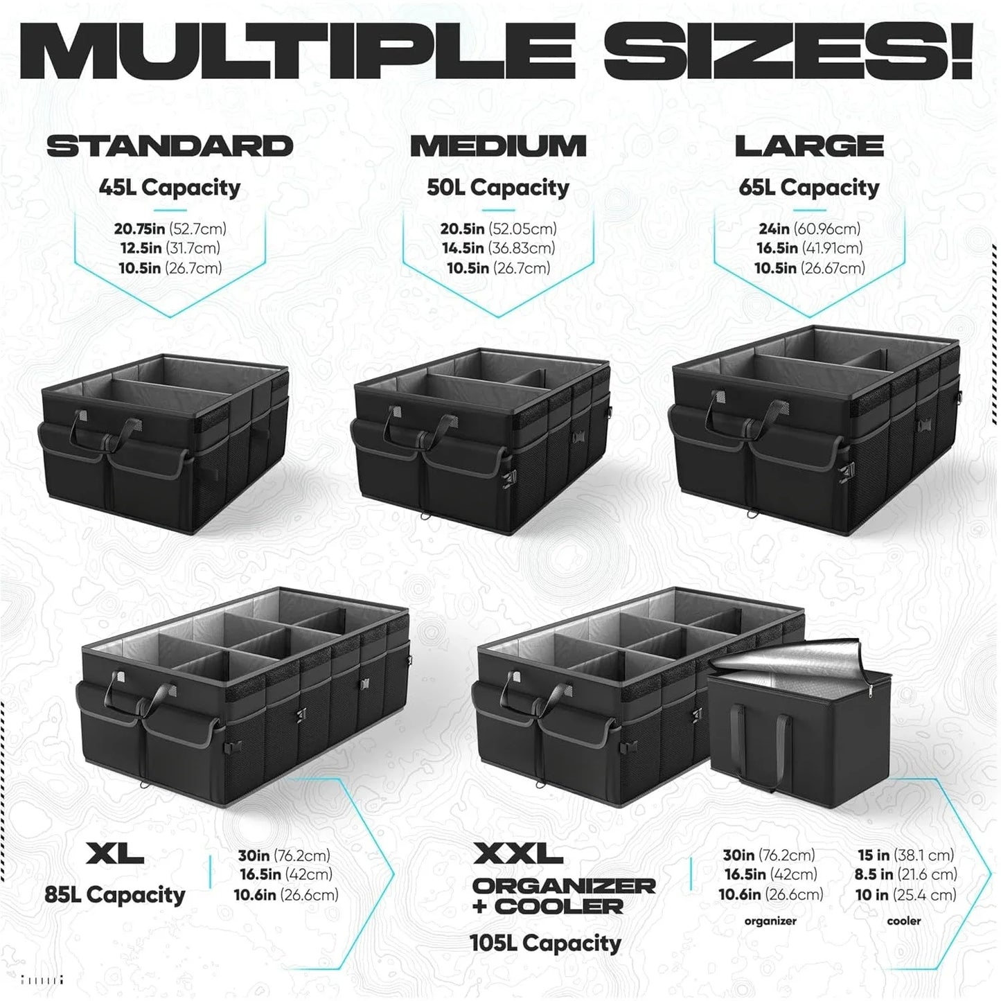 Car Trunk Organizer with Cooler, Collapsible Multi Compartment SUV Organizer, Foldable Storage for Women Men, 600D Oxford (105L)