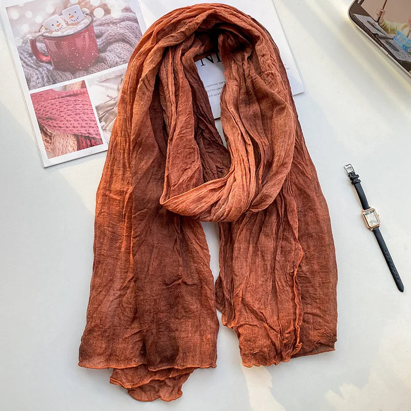 Retro Ethnic Style Cotton and Linen Scarf Women Tie-dye Long Folds Gradual Change Color Shawl Korean Literary Fresh Cotton Silk