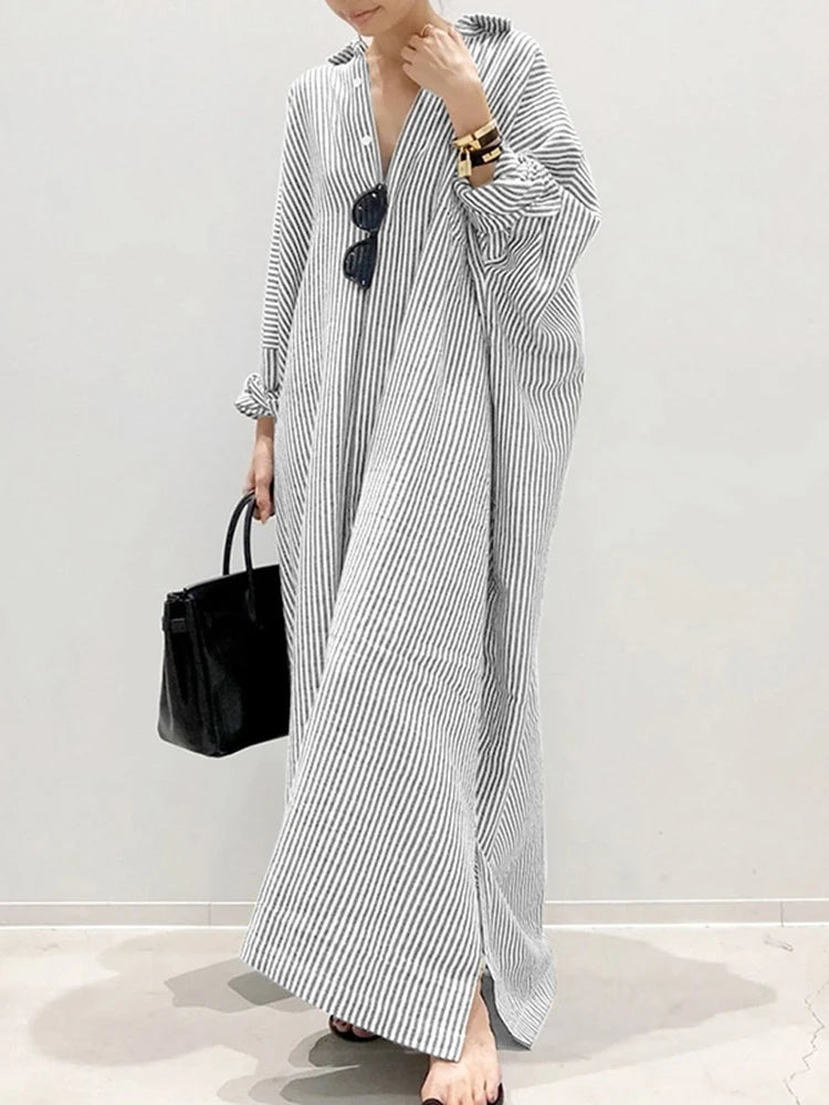 2025 Stripe Printed Beach Party Sundress Spring Fall Bohemian Women Long Sleeve Lapel Dress Fashion Casual Loose Vestidos
