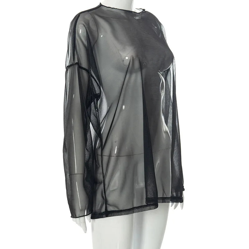 Solid See Through Tshirt Women Sexy Tops O-Neck Long Sleeve Oversized T Shirt For Women Clothing Club Y2k Aesthetic Egirl Tees