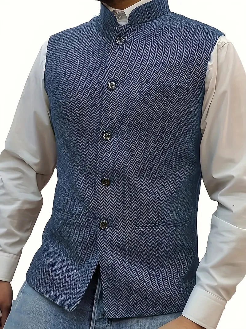 Elegant Slim Fit Tweed Wool Vests Suits Men's Suit Business Tweed High Collar Waistcoats Slim Fit Herringbone Vests