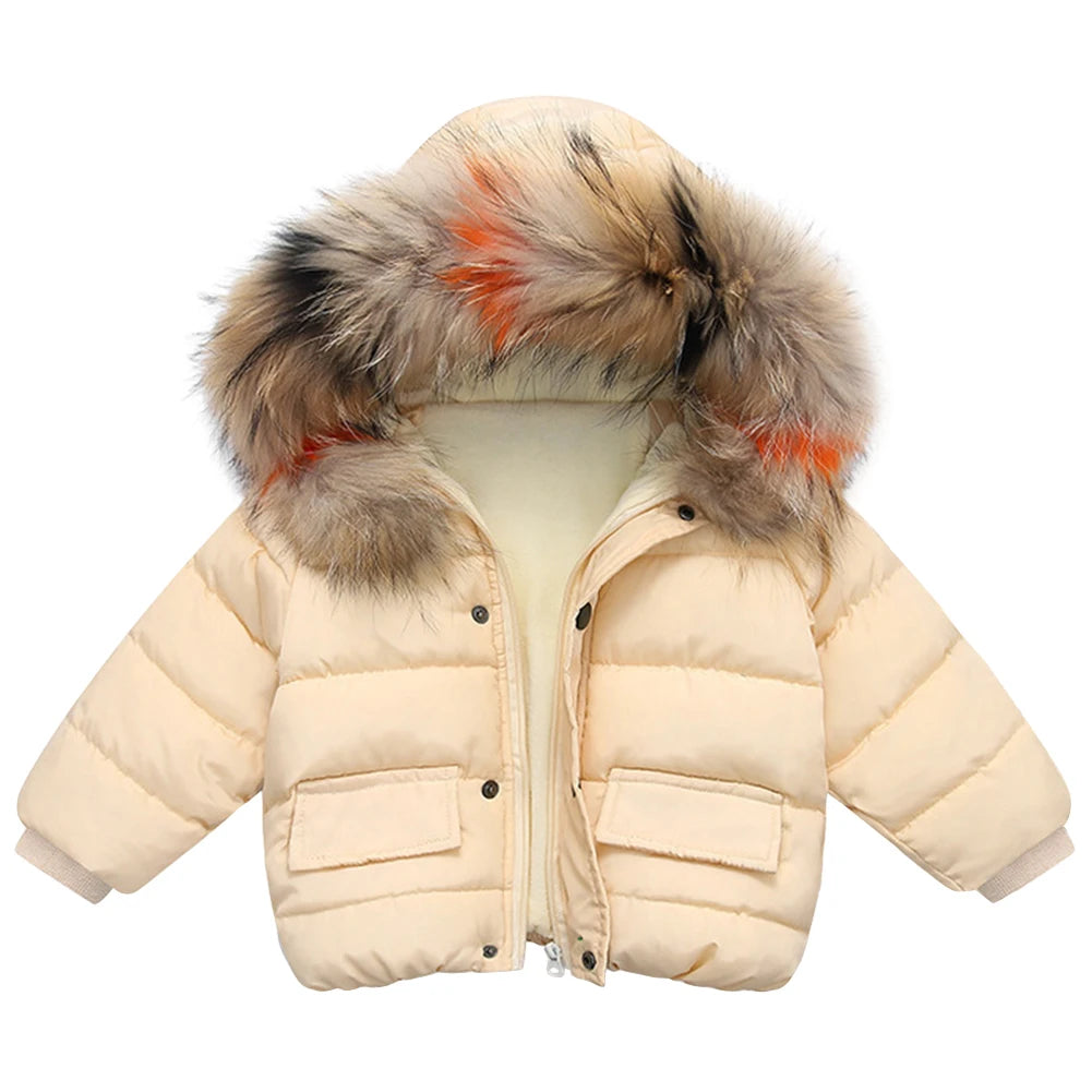 Toddler Baby Down Cotton Jacket,Faux Fur Hood Plush Girls Boys Snowsuit,Thick Fleece Warm Puffer Coat,Winter Children's Outwear
