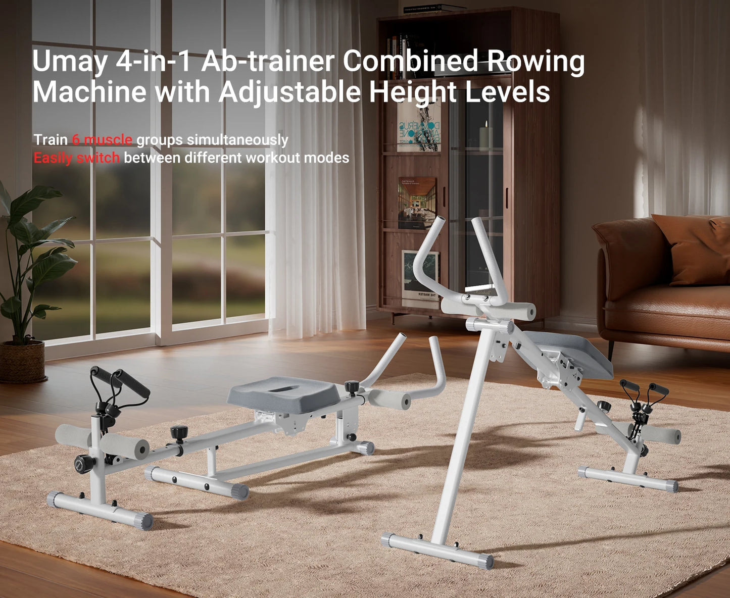 UMAY 4-in-1 ab-trainer combined rowing machine with adjustable height levels, elastic band attached abdominal machine.