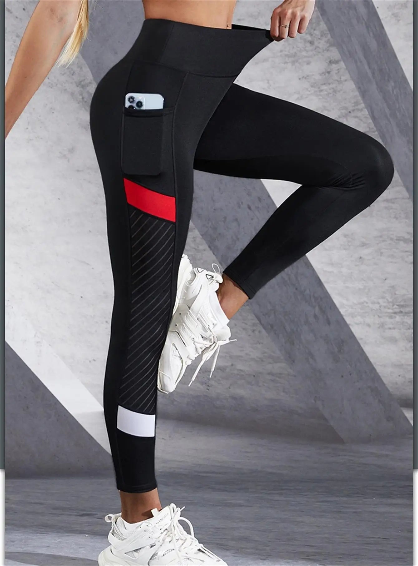 Colorblocked Mesh High Waist Yoga Pants with Side Pockets Leggings for Women Tummy Control Workout Shaping Leggings