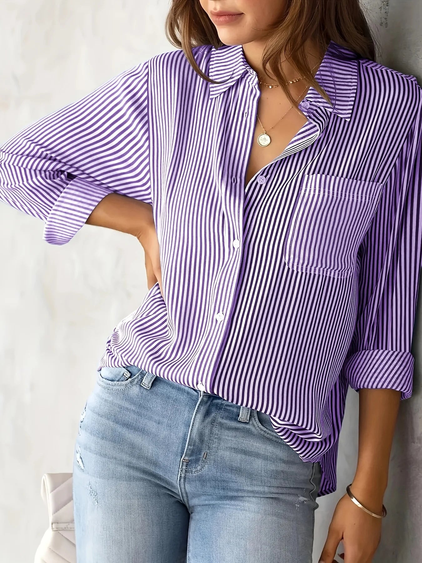 Women's striped shirt with pockets-long sleeves, casual and comfortable, suitable for all seasons